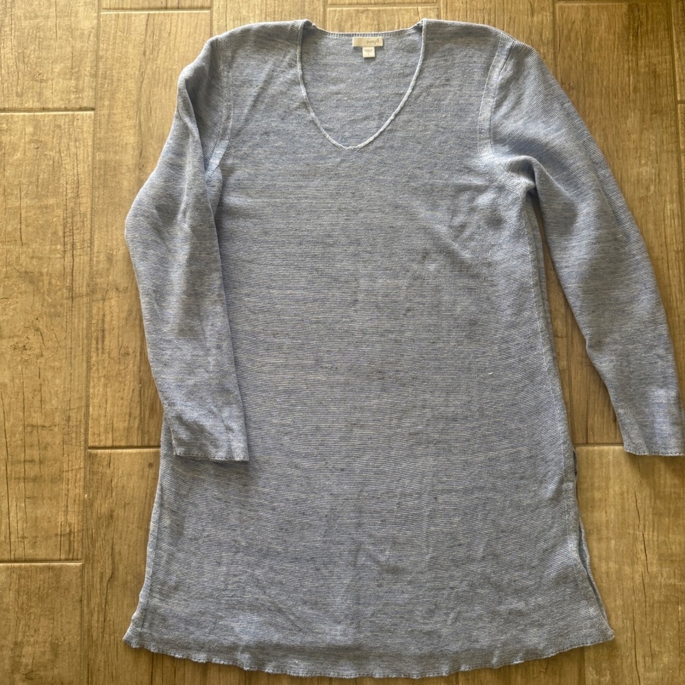 Pure Jill J. Jill Blue Marled Linen Blend V-Neck Tunic Sweater Large Side Slits